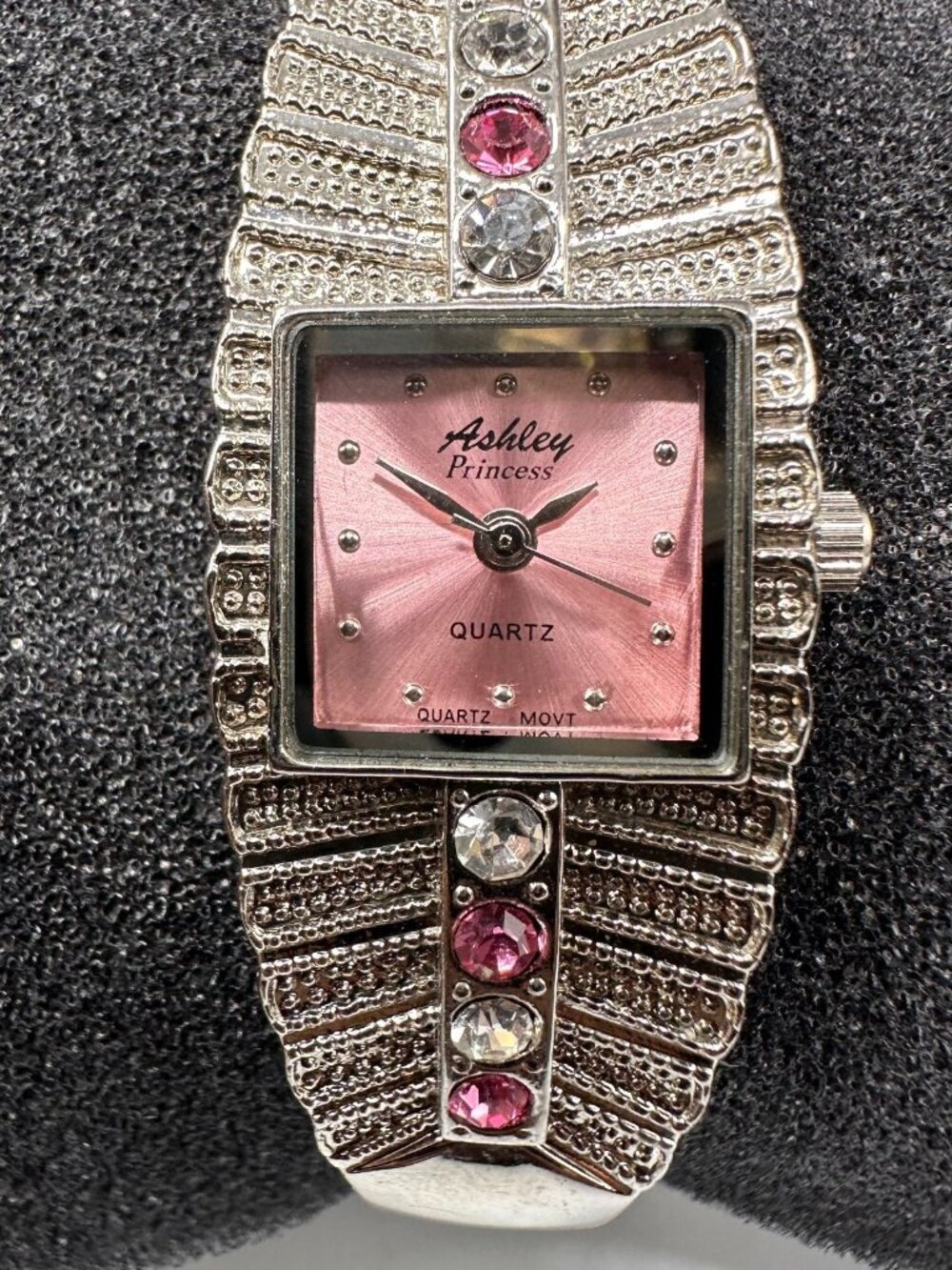 Ashley Princess Watch Women Silver Tone Pink Square Dial Rhinestones Working